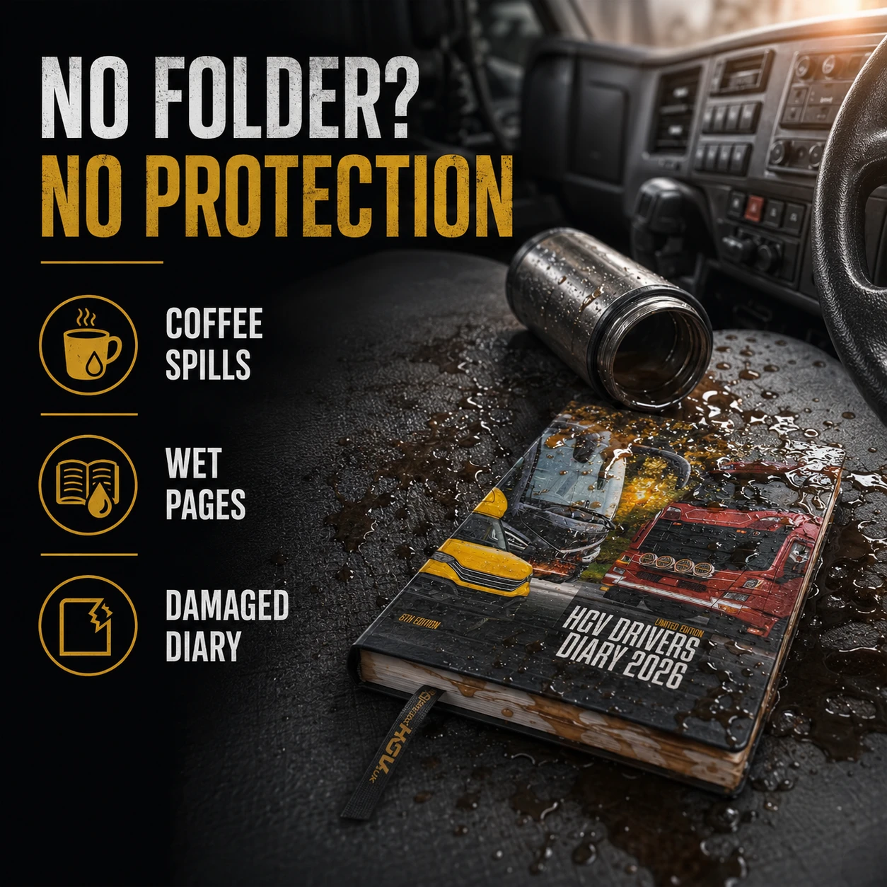 Coffee spill risk showing why the HGV Drivers Diary folder helps protect your diary